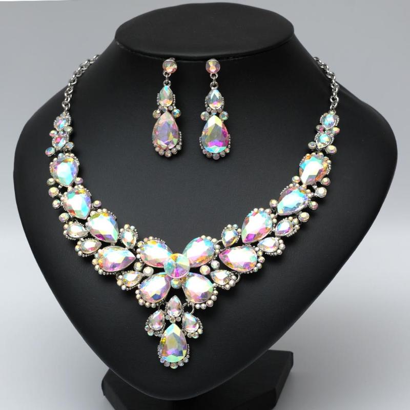 

New Luxury Crystal Statement Bib Necklace Earring Brides Prom Party Wedding Costume Jewelry Set Accessories Ladies Women's Gifts, As pic