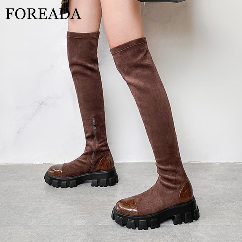 

FOREADA High Heel Woman Boots Natural Genuine Leather Over The Knee Boots Platform Block Heel Long Zip Ladies Shoes 34-42, Black