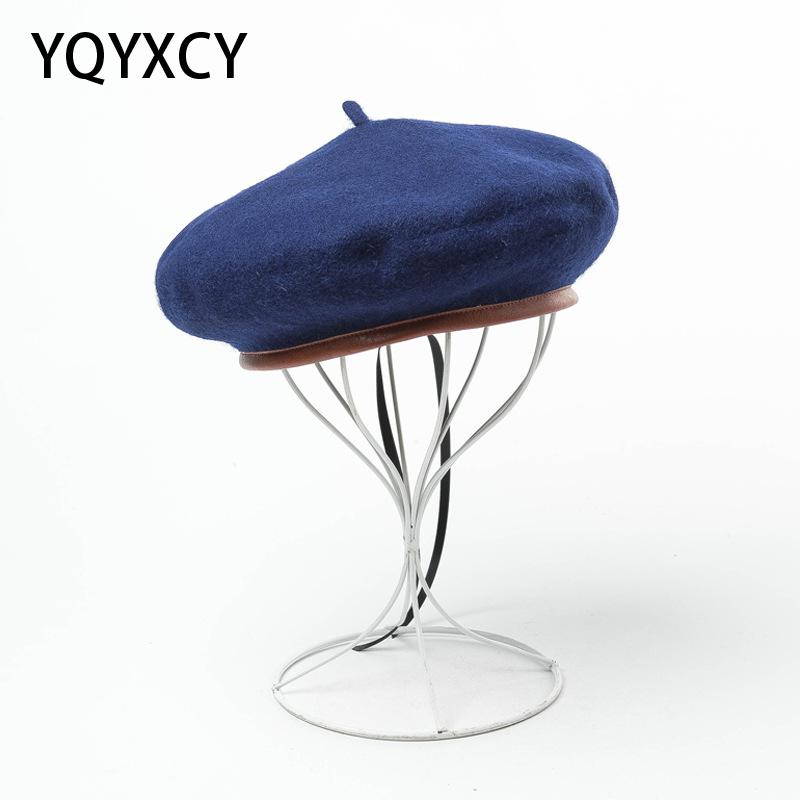 

Winter Hat Berets Female Wool Pu Leather Brim Women Warm Casual High Quality Women's Knitted Hats For Girls Painter Cap, Black2