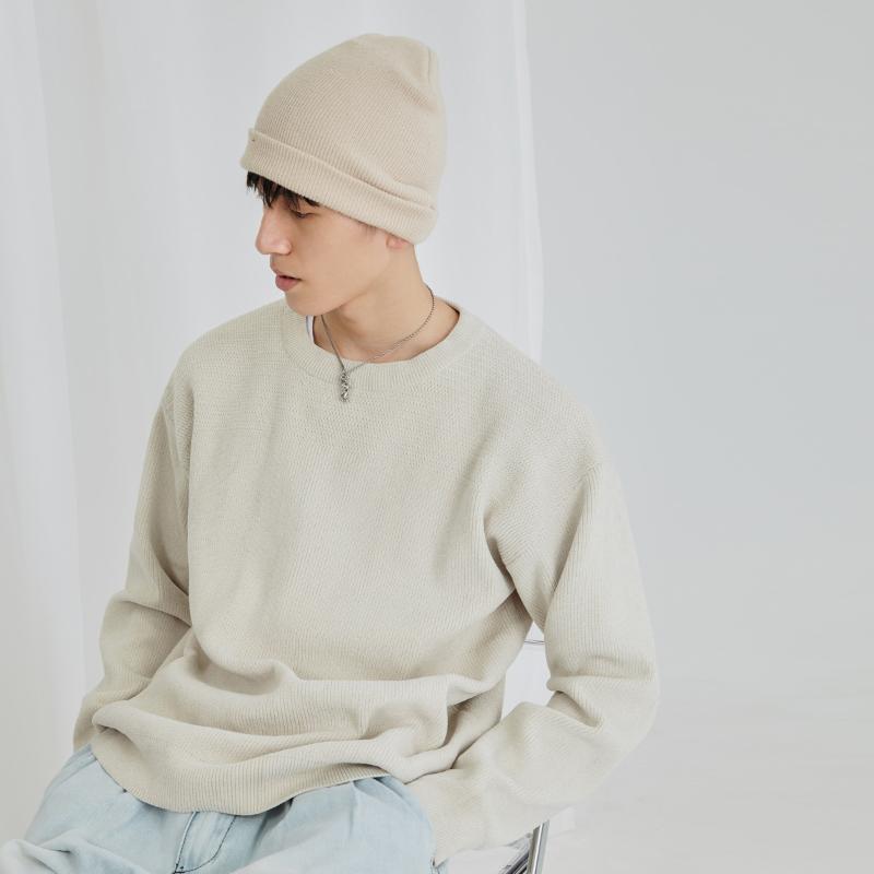 

2020 New Fashion Casual Long Sleeve Sweater Jacket Loose Solid Color Sweater Round Neck Man, Apricot