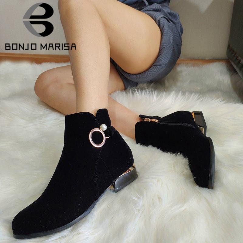 

BONJOMARISA Female Fashion Ankle Boots Flock Buckle Pearl Square Heel Boots Women Zipper Designer Casual Shoes Woman, Black