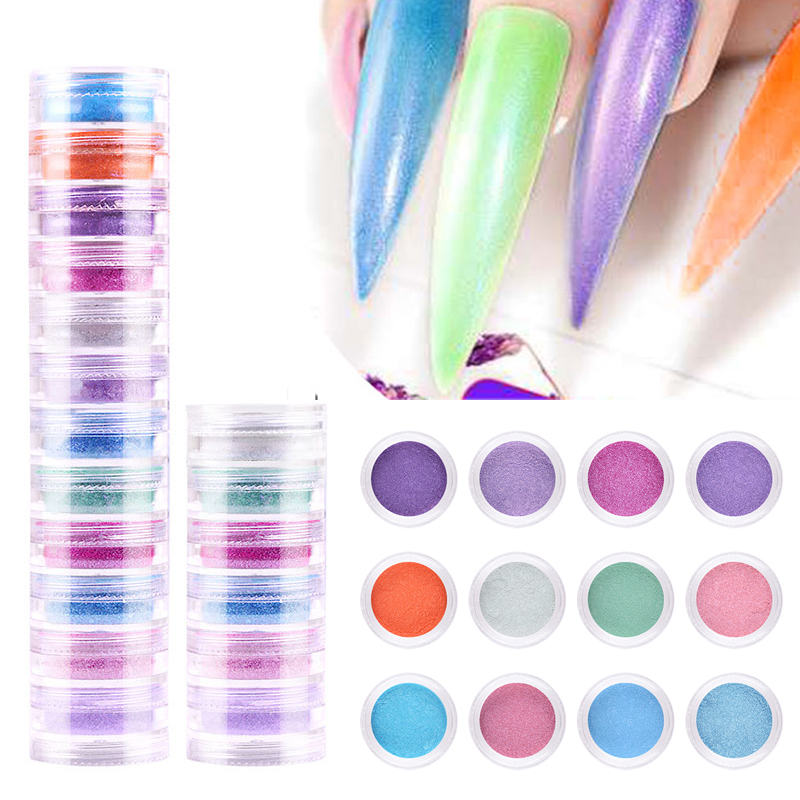 

WAKEFULNESS Pearlescent Shimmer Nail Powder Set 12Colors Nail Glitter Powder Pigment Colorful Art Decorations Chrome