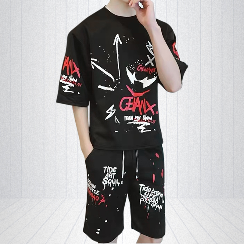 

2020 New Summer Japan Style Men's Sport Suit Fashion Streetwear printing T Shirts Men+Casual Hip Hop Jogger Harajuku Shorts Men, White 04