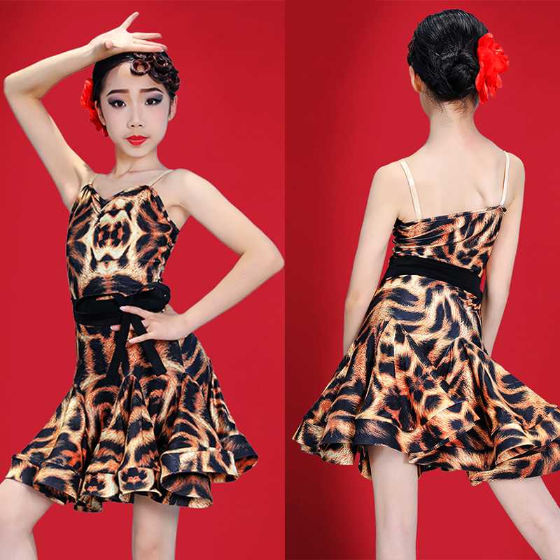 

New Leopard Print Latin Dance Dress For Girls Sleeveless Competition Costume Latin Performance Skirts Salsa Dance Dress BL3954, Yellow