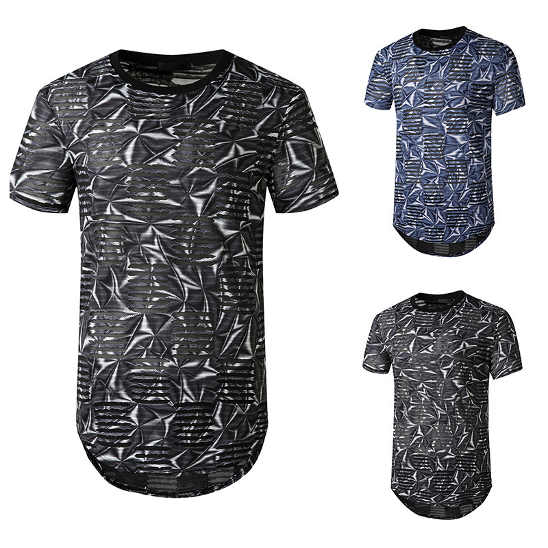 

Men' Short-sleeved T-shirt European American Style Youth Casual Hole Tie-dye Printing Mid-long T-shirt Tide Men' Clothing, Black