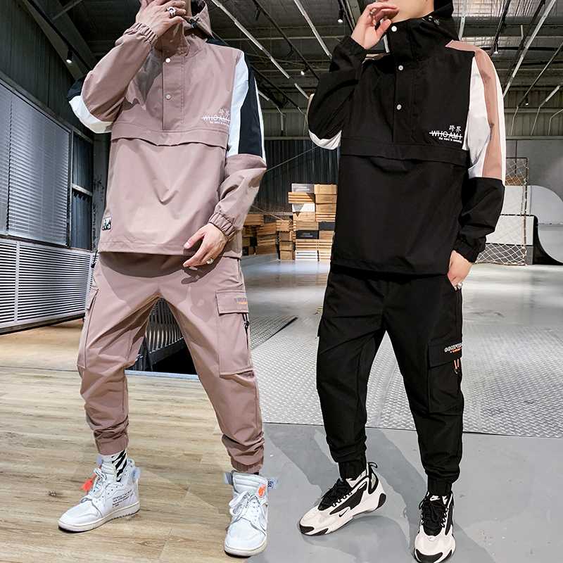 

Windbreaker fabric men tracksuit 2 piece set autumn streetwear sweatsuit overalls suit hooded jackets and hip hop harlan pants, Black
