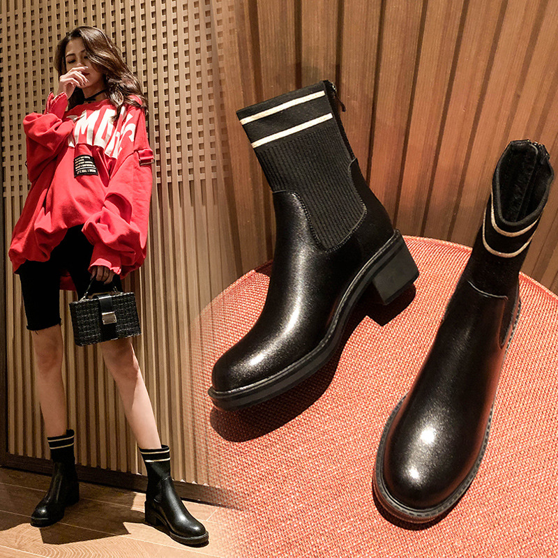 

34-43 Size Boots Women 2020 New Thick Heel Zipper Wool Short Boots Women Stretch Thinner, Black autumn short