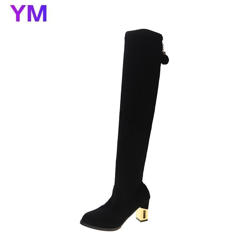 

New Style Women Over-the-knee Boots Square High Heel Round Toe Boots Solid Color Flock Shoes Autumn Winter Fashion Zipper Boot, Black
