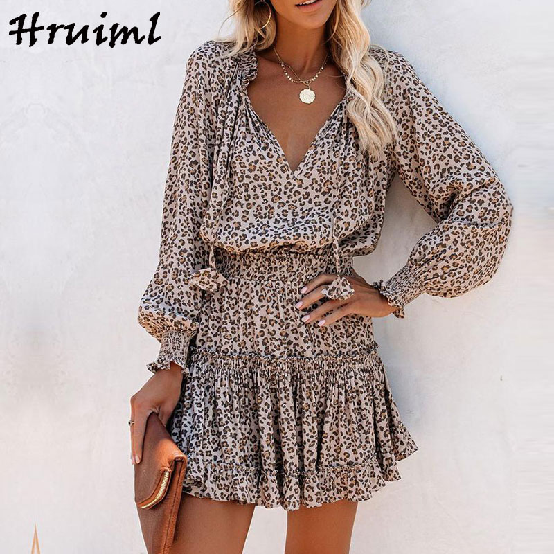 Long Sleeve Dress Women Casual Fashion Leopard Print V Neck Sexy Dress Mini Elegance Elastic Waist Draped Summer Women-image-581914591