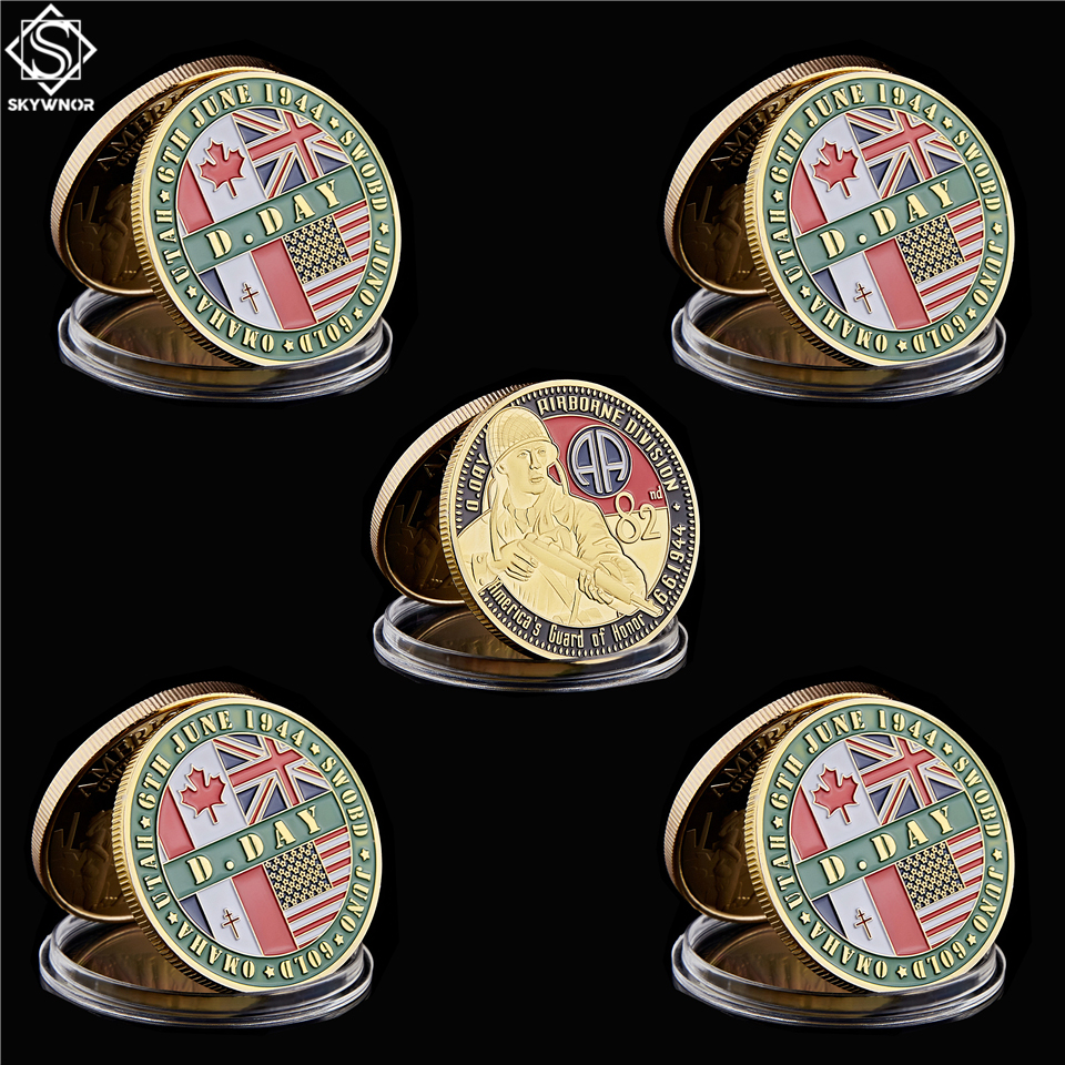 5PCS 1944.6.6 European France Normandy Omaha Sword Beach Craft Gold Military 82nd Airborne Division Challenge Coin USA-image-587092852