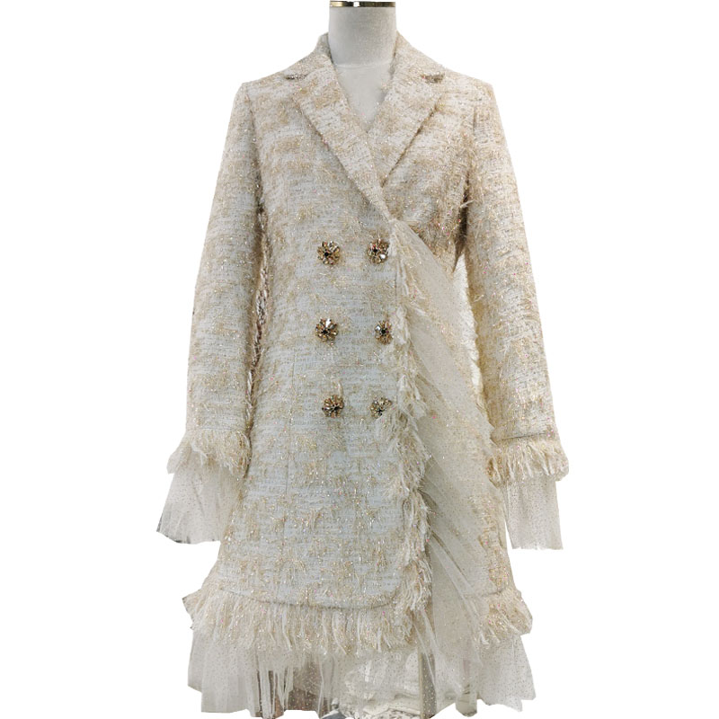 

autumn winter vintage small fragrance tweed woolen coat women double breasted mesh patchwork wool blends coat, As photo