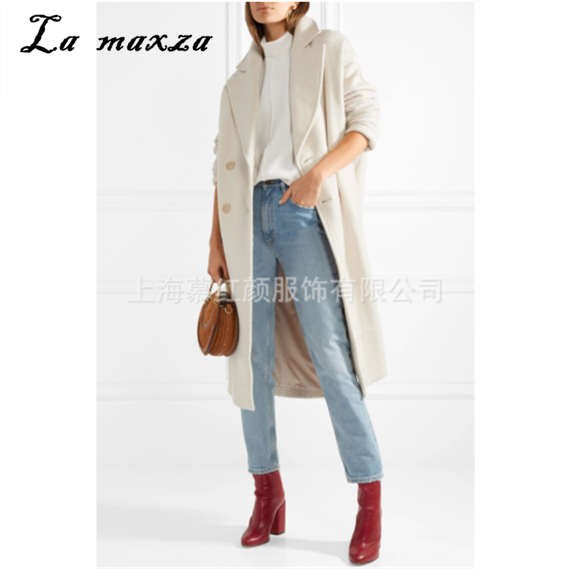 

Elegant Vintage Wool High Street Womens Coat Winter Clothes Double Breasted Loose Long Coat, As pic
