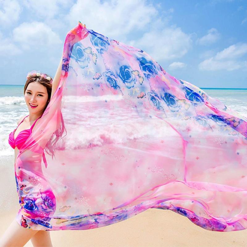 

New Fashion Wild Summer Print Silk Scarf Oversized Chiffon Scarf Women Pareo Beach Cover Up Wrap Sarong Sunscreen Long Cape
