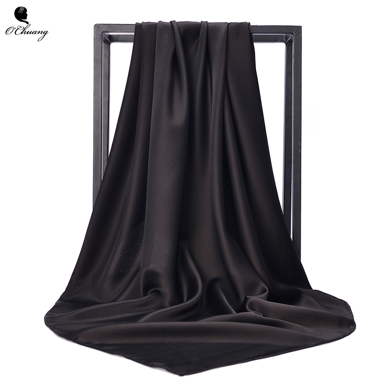 

O CHUANG Black Women Square Silk Scarf Wraps Autumn Winter Sjaal Luxury Large Satin Scarves Muslim Head Scarf 90*90cm