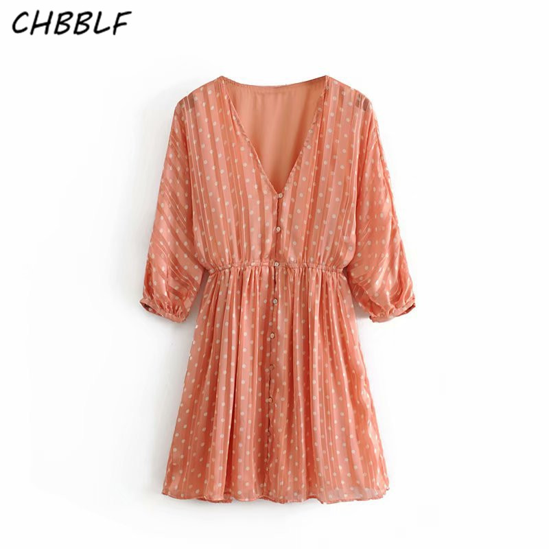 

CHBBLF women polka dot print mini dress V neck three quarter sleeve female casual pleated dresses summer chic vestido HJH2136, Orange