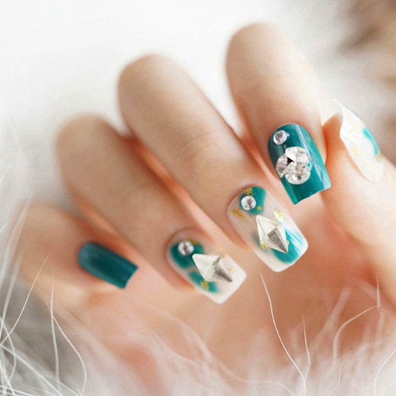 

24pcs Bride Artificial Mid-Long False Nail 3D Shining Rhinestone False Nails Full Wrapped Tips Fake Nails 2020 Fashion, As shown