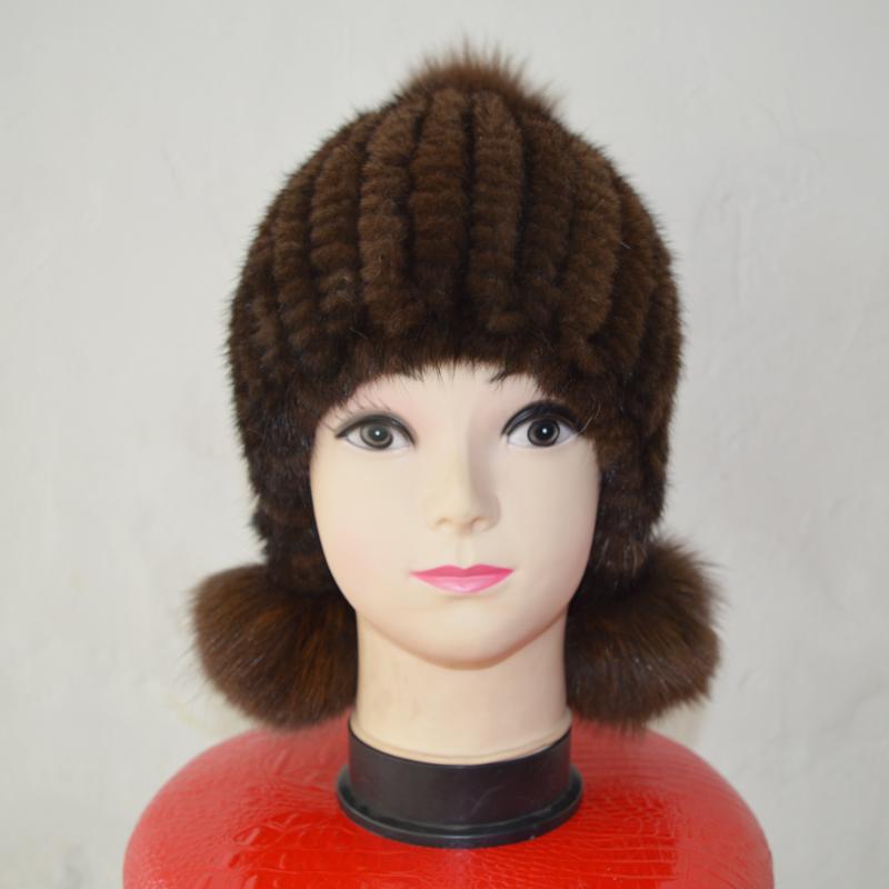 

AU924 Hot Sale Real Hat Women Winter Knitted Beanies Cap With Fur Pom Poms Handmade New Thick Female Cap