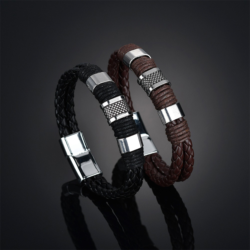 

Fashion 1PC Black Brown Weave Leather braided Genuine Men Bracelet Male Bangles Dropshipping Wholesale