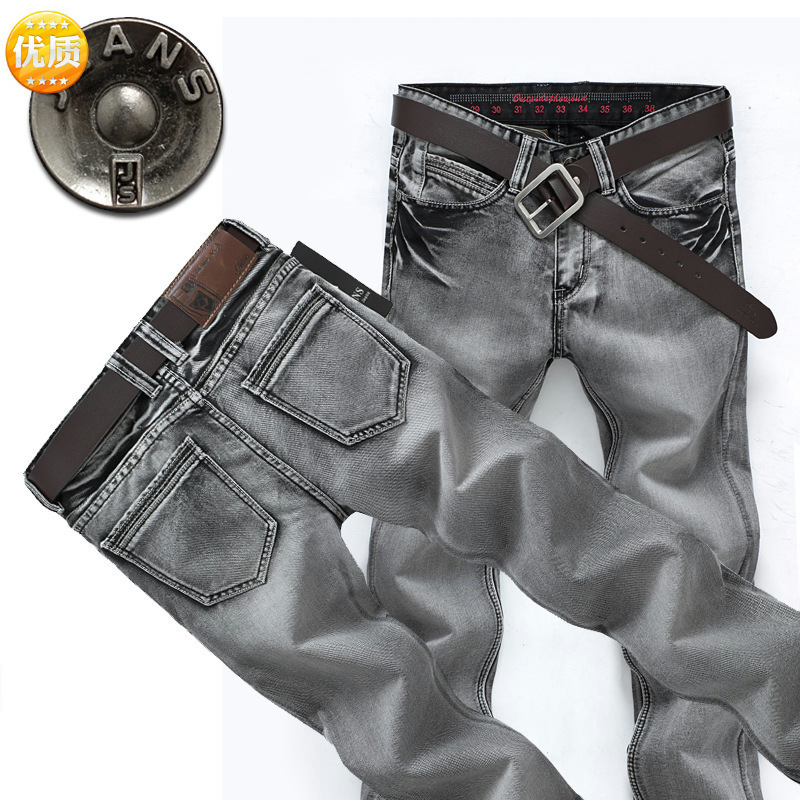 

The spring of 615 # han edition men straight jeans agent leisure smoke grey denim trousers, Gray