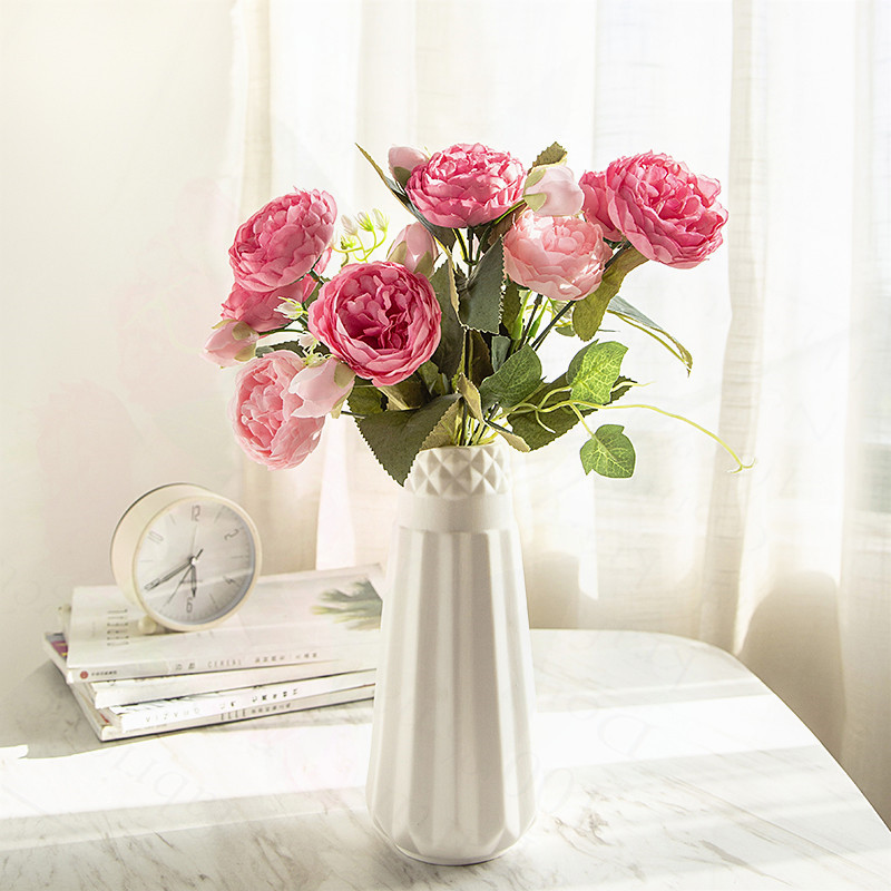 

30cm Rose Artificial Flowers for Home Decor Fake Flowers Bouquet 5 Big Head and 4 Bud Wedding Decoration for Table, Red