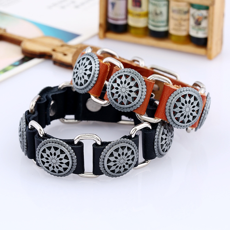 

Vintage Men Women Leather Bracelet Alloy Hollow Flower Bracelet Black Brown Fashion Jewelry Accessories