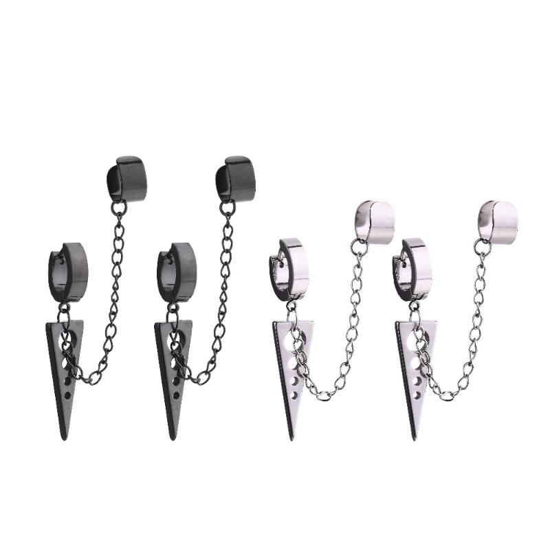 

Trilateral Stud Earrings Long Chain Ear Cuff Stainless Steel Jewelry for Women Men 1 pair Ear Piercing