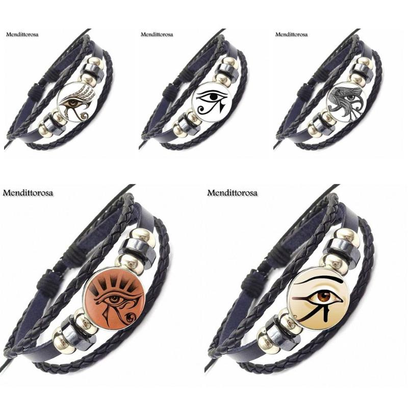 

EJ Glaze For Women Men Party Buddhism Jewelry With Glass Cabochon Black Leather Bracelet Bangle Eye of Horus