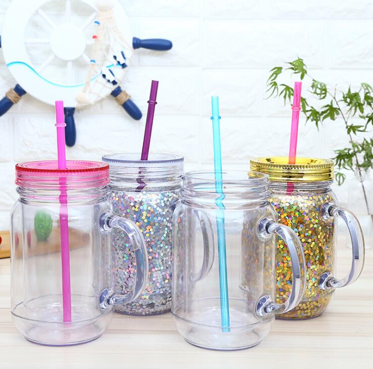 

Cheapest 16oz Plastic Mason jar Juice Beverage Drinking Tumbler with handle Mason cans 16oz double walled Plastic Cup with straw DWF1749, As pic