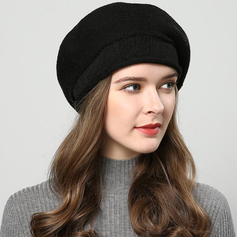 

Solid Warm Women Beret Casual Knitted Hat Curling Cap Stretchable Wool Blend Artist Outdoor French Classic Soft Winter Autumn, Pink
