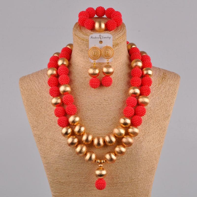 

red african wedding beads 24 inches simulated pearl necklace nigerian bridal jewelry sets FZZ40, As pic
