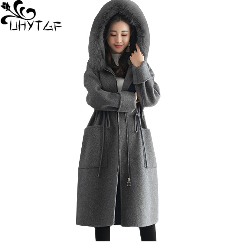 

UHYTGF Winter coat women Fur collar hooded high quality autumn woolen coat Zipper elegant loose plus size jacket long coats 796, Blue