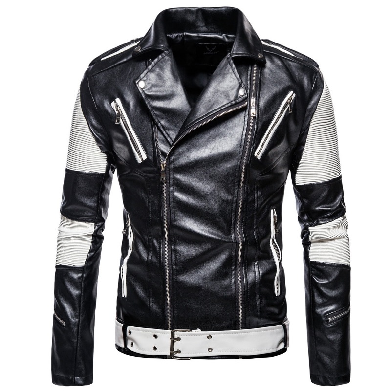 

ZUZK Pu Leather Jacket Men Casual Vintage Motorcycle Biker Black White Spliced Fleece Men Double Zipper Warm Leather Jacket Coat