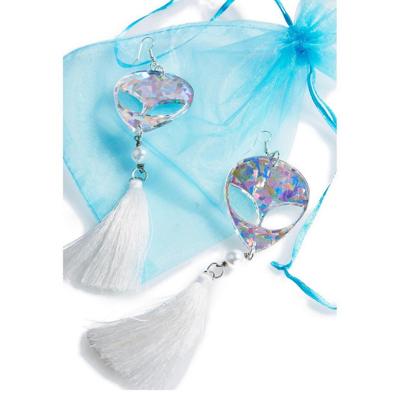 

Fashion Personality Exaggerated Sexy Tide Female Earrings Laser Hologram Alien Head Tassels Bling Earrings Cosplay Weird Party