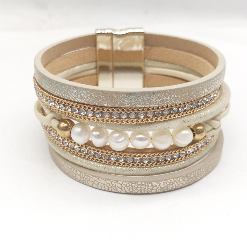 

2020 New Wide Punk leather Pearl Bracelet Women Men Metal Magnet buckle Bracelets & Bangles Lover Girl Gifts Accessory