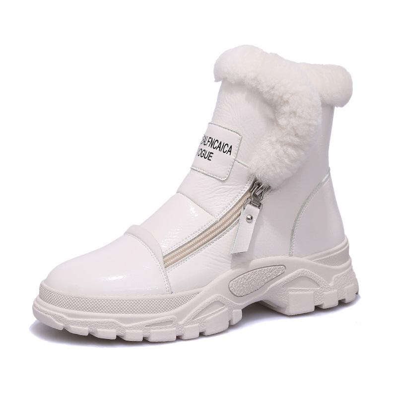 

Winter New Fiber Bright Leather Women's Boots Front Zipper Fashion Comfortable Warm Plus Velvet Cotton Boots, Black
