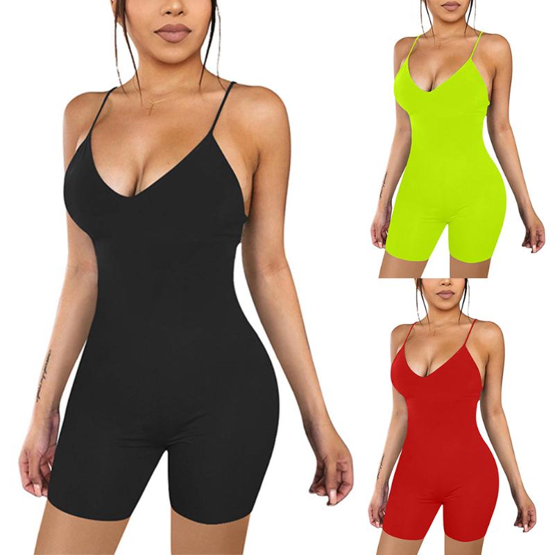 

Women Yoga Romper Jumpsuit Shorts Sleeveless Strap V-neck Playsuit Rompers Jumpsuit Bodycon Solid Stretch Sports Shorts, 01