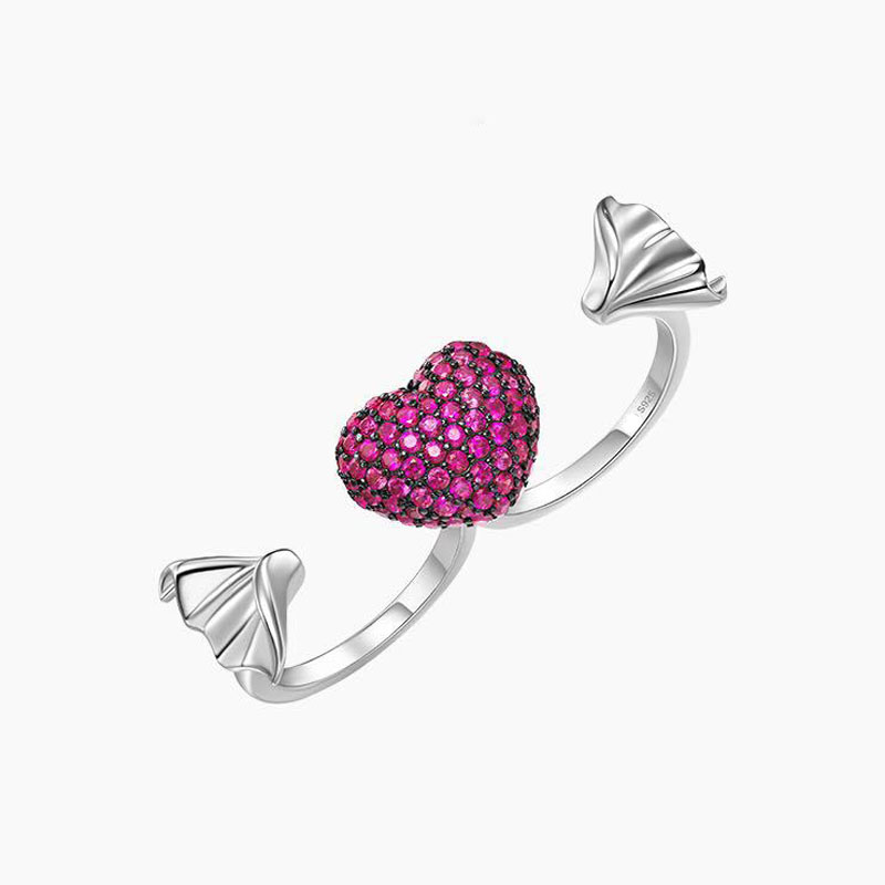 

SLJELY Brand Design Real 925 Sterling Silver Fuchsia Cubic Zircon Love Heart Double Finger Opening Ring Jewelry for Women Girls
