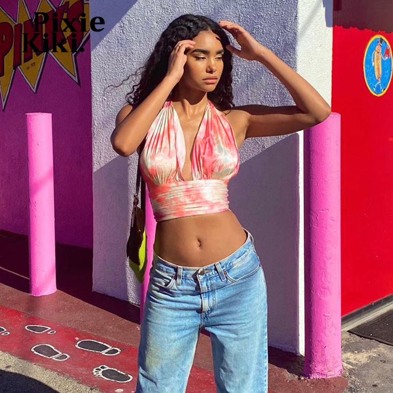 

PixieKiki Pink Tie Dye Halter Backless Crop Top Women Clothing Club Wear Bralette Tank Tops Womens Sexy Shirts P15-10
