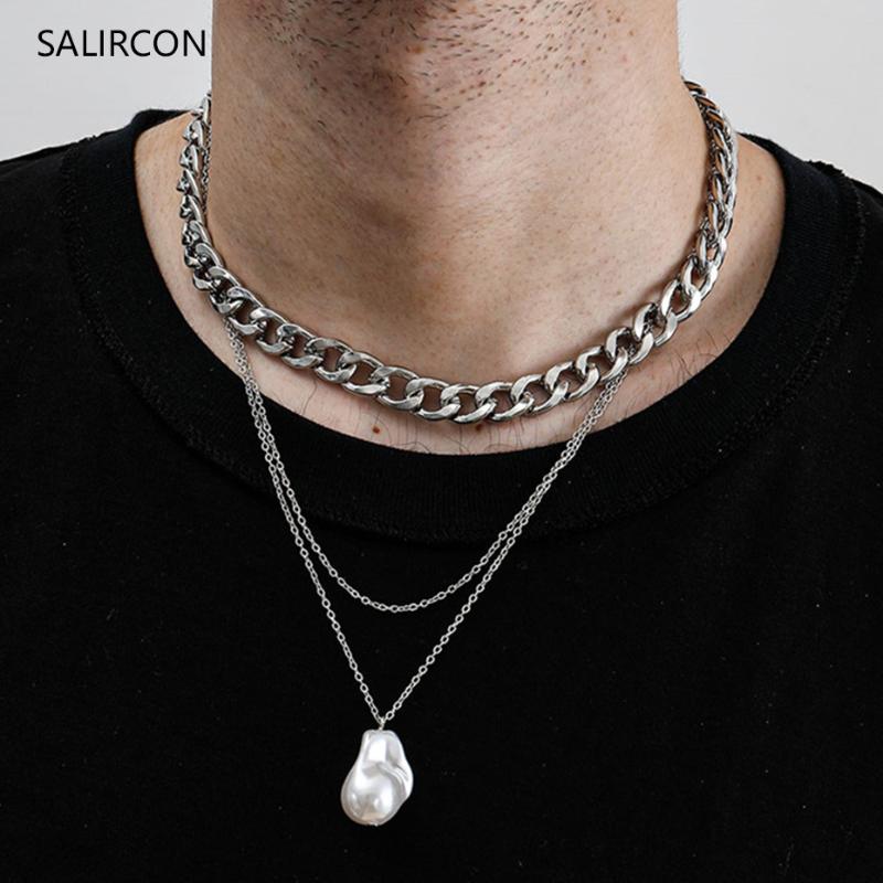 

Salircon Multi Layer Baroque Pearl Pendant Necklace Punk Silver Color Chunky Choker Necklace For Women Men Goth Party Jewelry