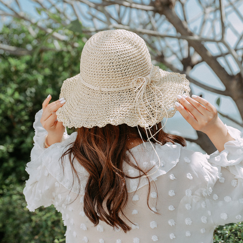 

New Hand-woven Straw Hat Women Outing Beach Hat Bow Sun Sun Women Summer