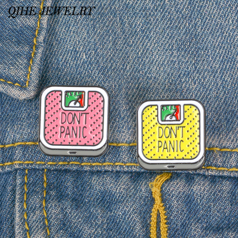 

QIHE JEWELRY Don't Panic Pins Pink Yellow Body Weighing Scale Brooches Kawaii Badges Fitness Motivation Cute Jewelry