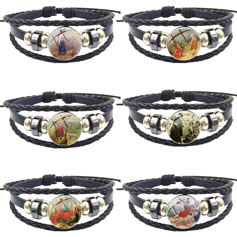 

For Women Men Party Glass Cabochon Black Leather Bracelet Bangle Vintage Women Jewelry Archery Strong Bow Hunting