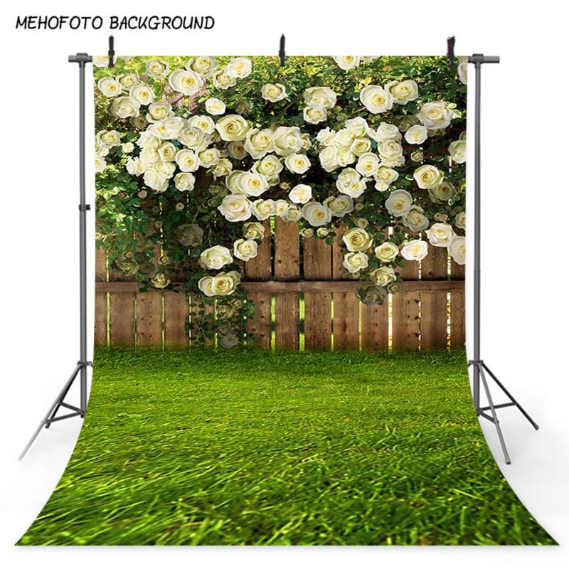 

Mehofoto Spring Scenery Photo Background Green Grass Flower Fence Photography Backdrop Easter Sunday Art Portrait Backdrops 377
