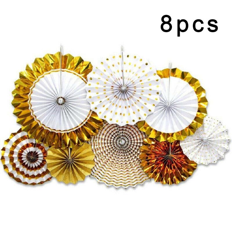 

8pcs Set Rose Gold Paper Fan Pinwheel Foil Party Birthday Decoration Wedding New Year Children's Toys, As pic
