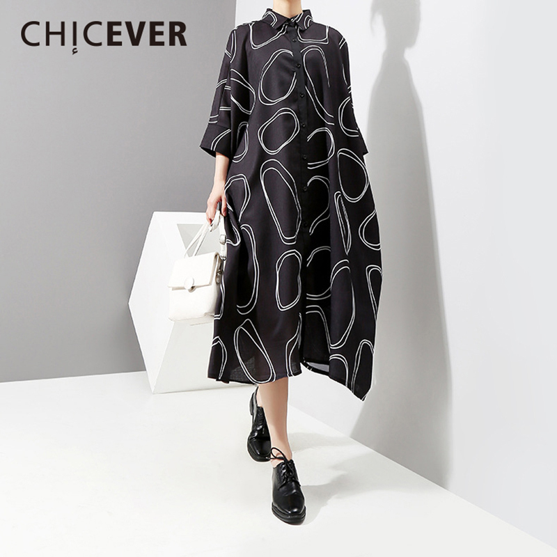 

CHICEVER Print Summer Clothes For Women Dress Lapel Three Quarter Batwing Sleeve Loose Big Size Dresses Casual Clothes Fashion, Khaki