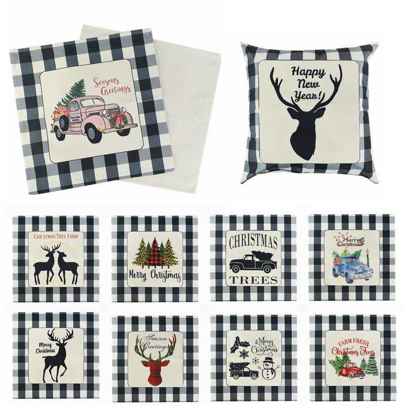 

45*45cm Christmas Cushion Cover Black White Elk Car Pattern Linen Pillowcase Merry Christmas Home Sofa Cushion Cover Decorations Pillow Case, B05