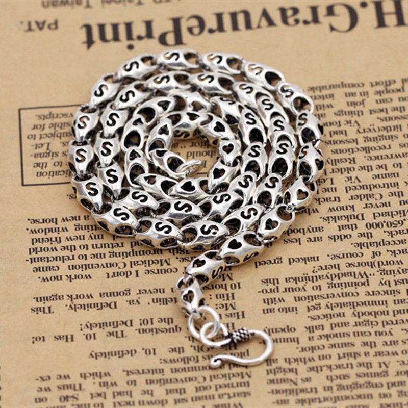 

36g 100% Real Pure 925 Sterling Silver Initial Necklace 6MM Thickness Chain Men Gift Thai silver CHarms Choker long necklace