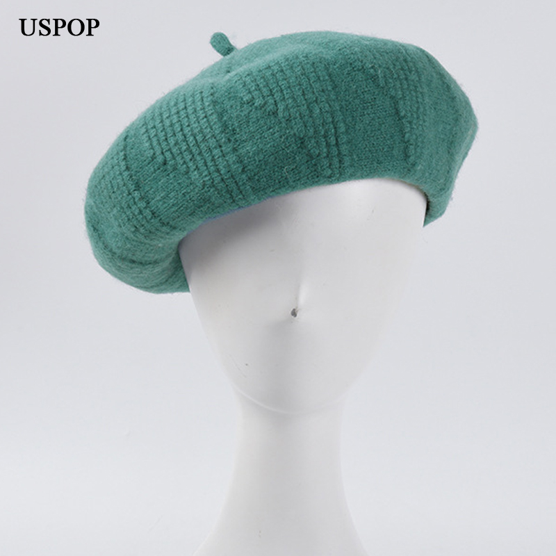 

USPOP 2020 Women berets winter wool hats thick warm knitted beret hat, Wine red