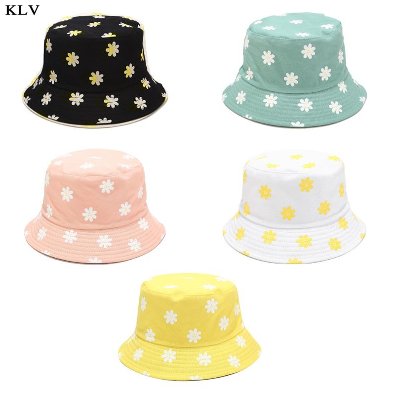 

Japanese Unisex Cotton Bucket Hat Small Daisy Flower Print Reversible Bright Candy Color Beach Panama Fisherman Cap, White