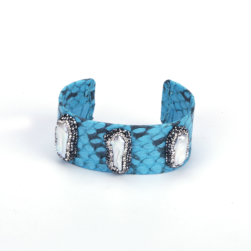 

Natural Irregular Long Freshwater Pearl Bead Charm Pave Rhinestone Sky Blue Real Leather Adjusted Big Open Bangle Cuff For Women